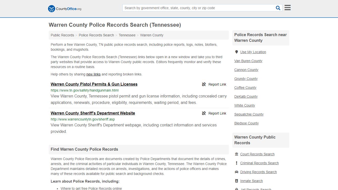 Warren County Police Records Search (Tennessee) - County Office